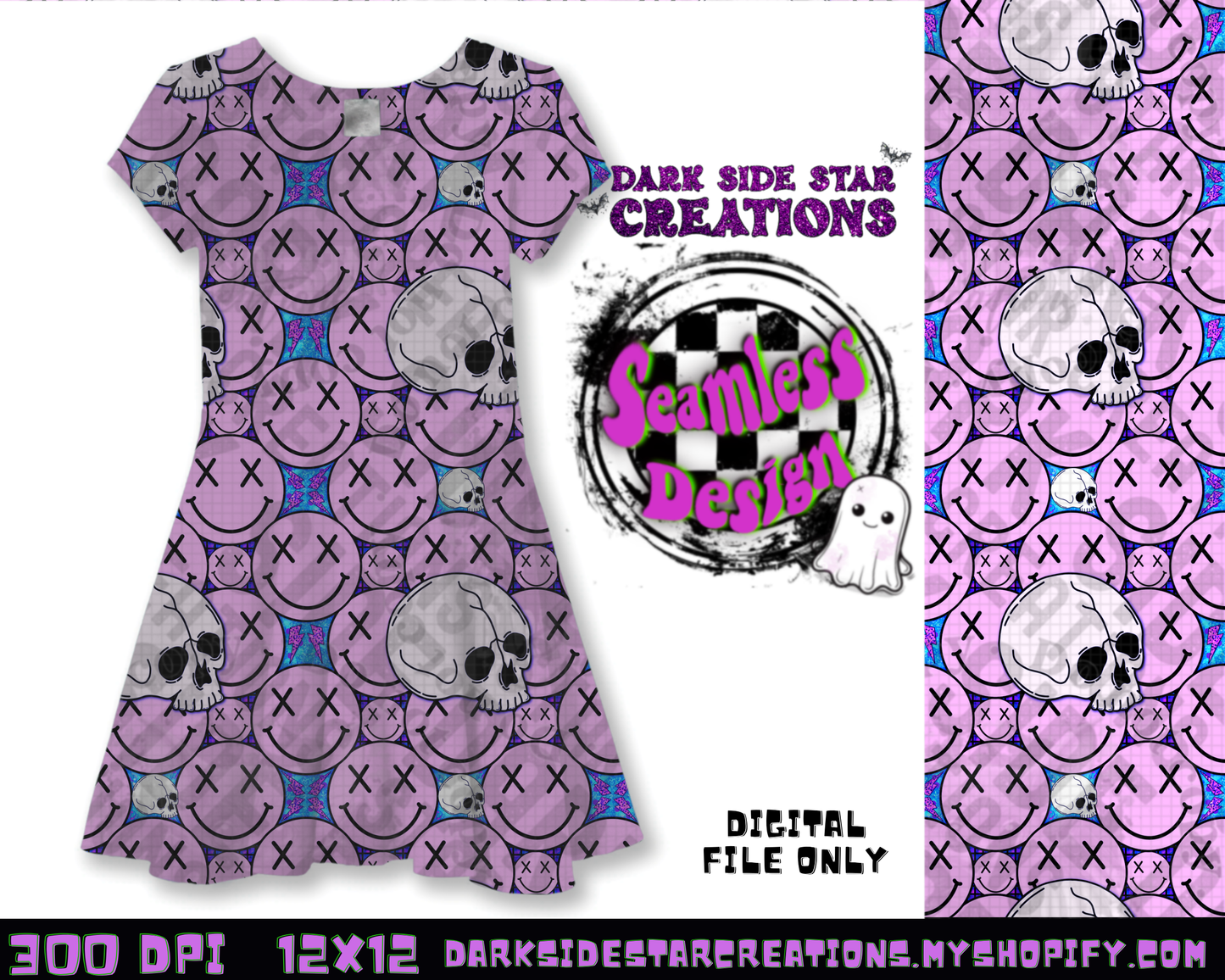Happy Skull Seamless Design Purpy Pink PNG | 300 DPI | 12X12 | Seamless | PNG | Digital Files Only (3 Sizes Included)