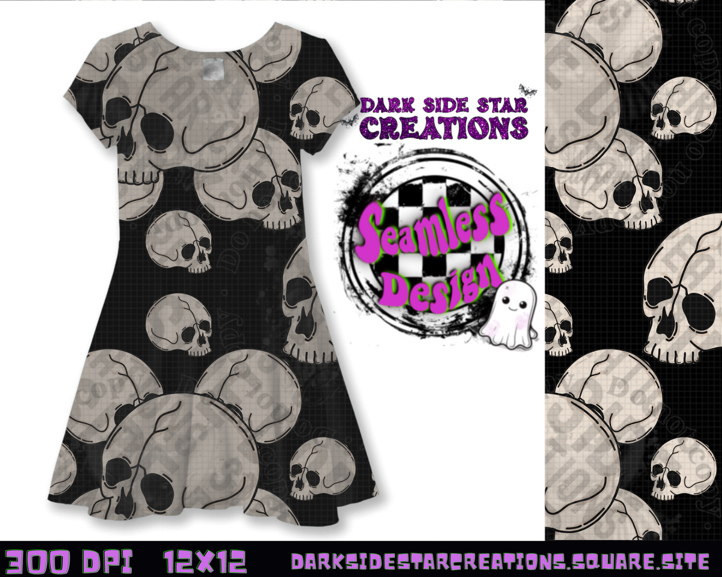 Skellie Skulls Black And White Seamless Design PNG | 300 DPI | 12X12 | Seamless | PNG | Digital Files Only (1)
