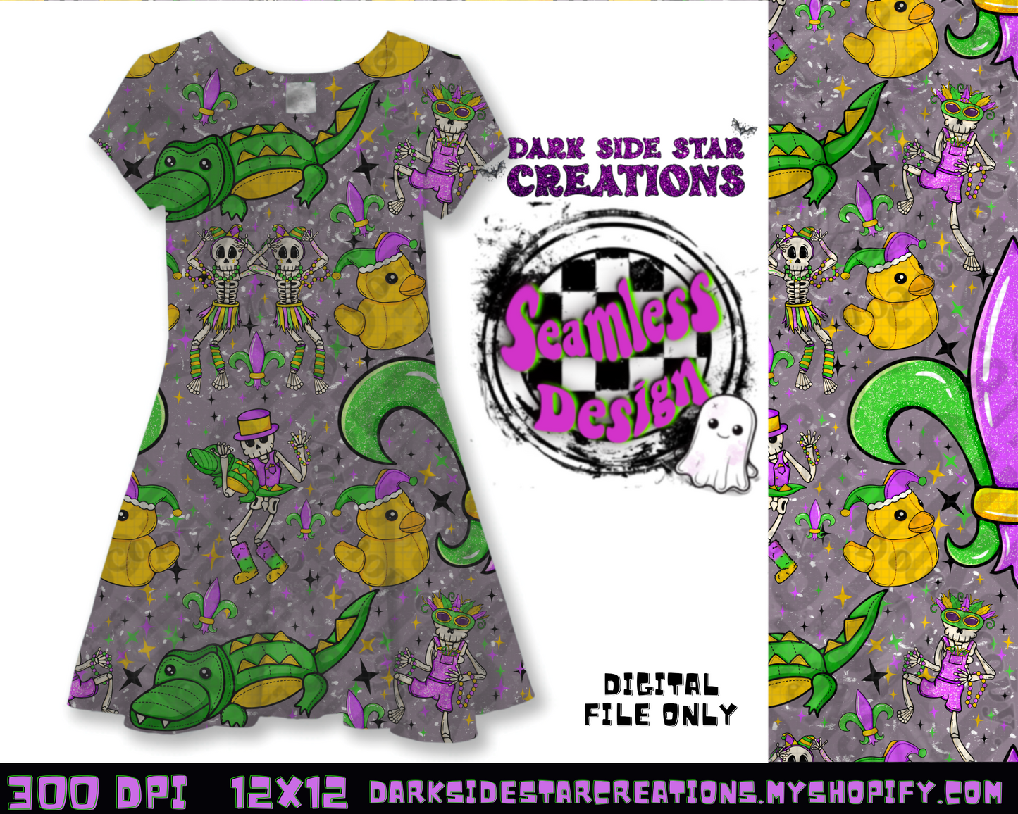 Skellie Mardi Gras Grunge Seamless Design PNG | 300 DPI | 12X12 | Seamless | PNG | Digital Files Only (1)