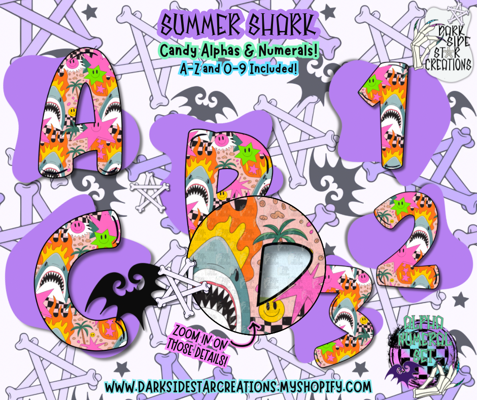 Summer Shark Alpha/Numeral Set | 300 DPI | Transparent PNG | Alpha Numeral Set| A-Z Included | Uppercase | 0-9 Included | (36 Included)