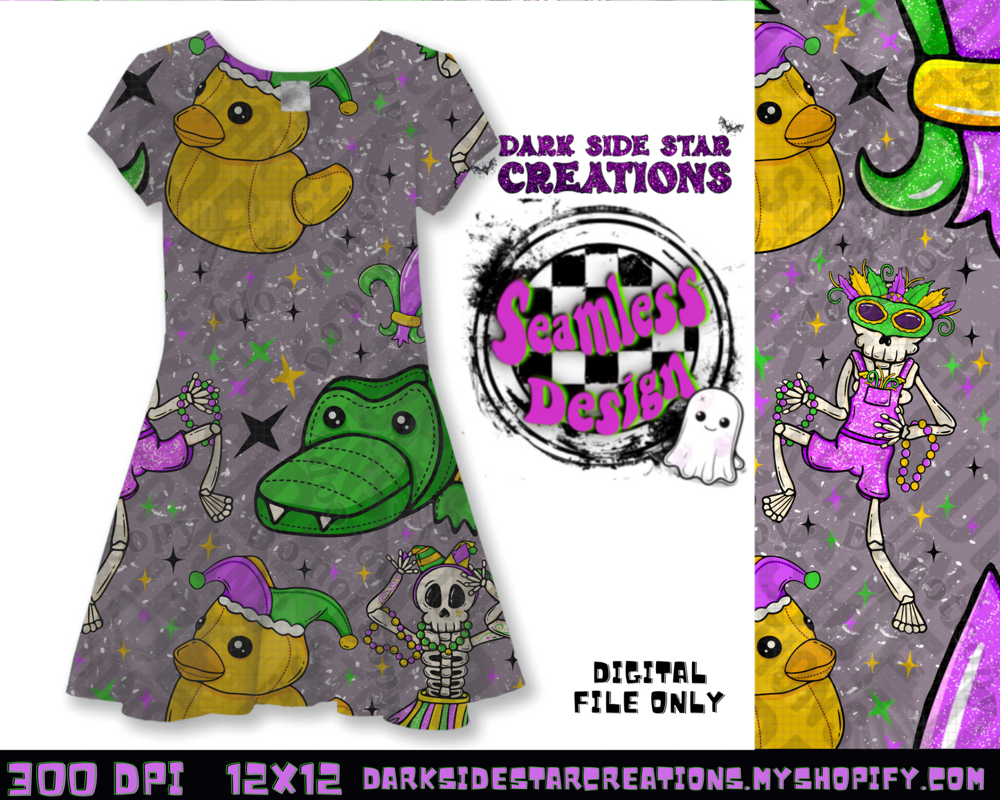 Skellie Mardi Gras Grunge Seamless Design PNG | 300 DPI | 12X12 | Seamless | PNG | Digital Files Only (1)