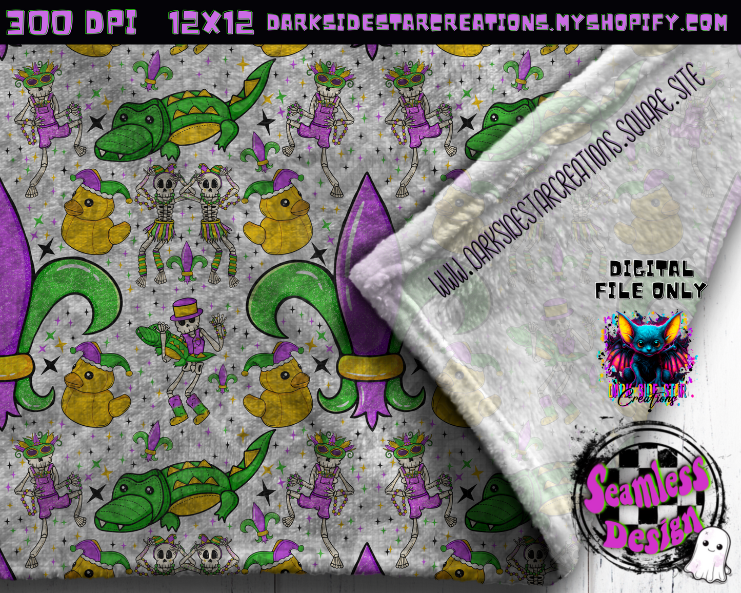 Skellie Mardi Gras Transparent Seamless Design PNG | 300 DPI | 12X12 | Seamless | PNG | Digital Files Only (1)