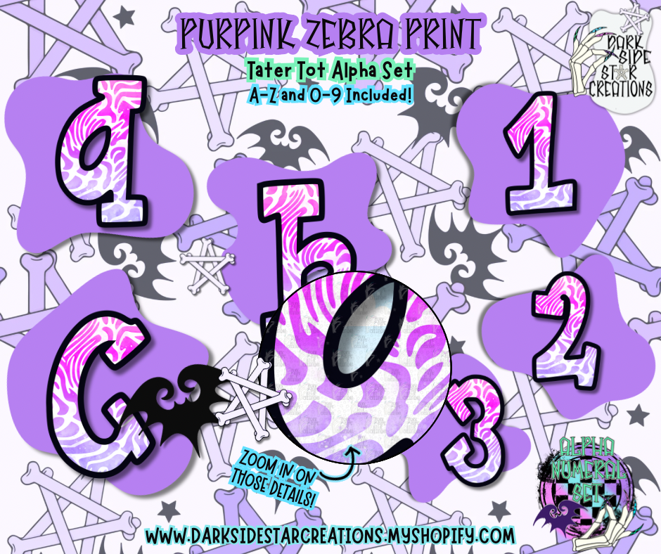 Purpink Zebra Print Tatertot Alpha/Numeral Set | 300 DPI | Transparent PNG | Alpha Numeral Set| A-Z Included | Lowercase | 0-9 Included | (36 Included)