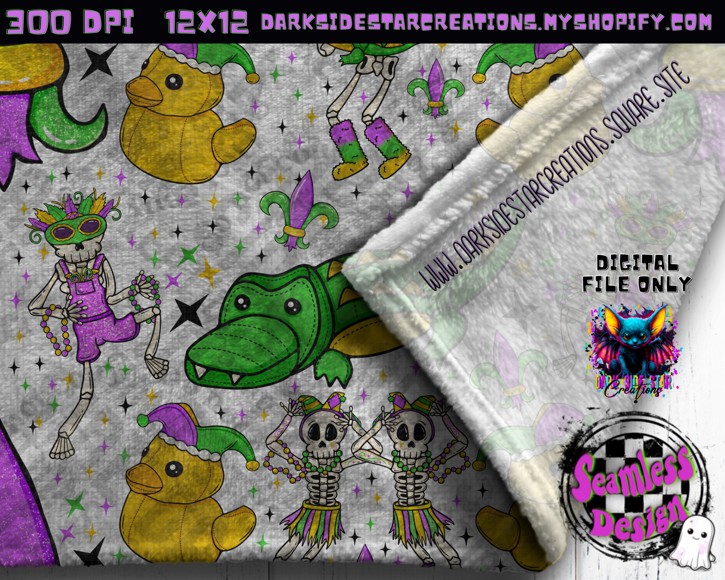 Skellie Mardi Gras Transparent Seamless Design PNG | 300 DPI | 12X12 | Seamless | PNG | Digital Files Only (1)