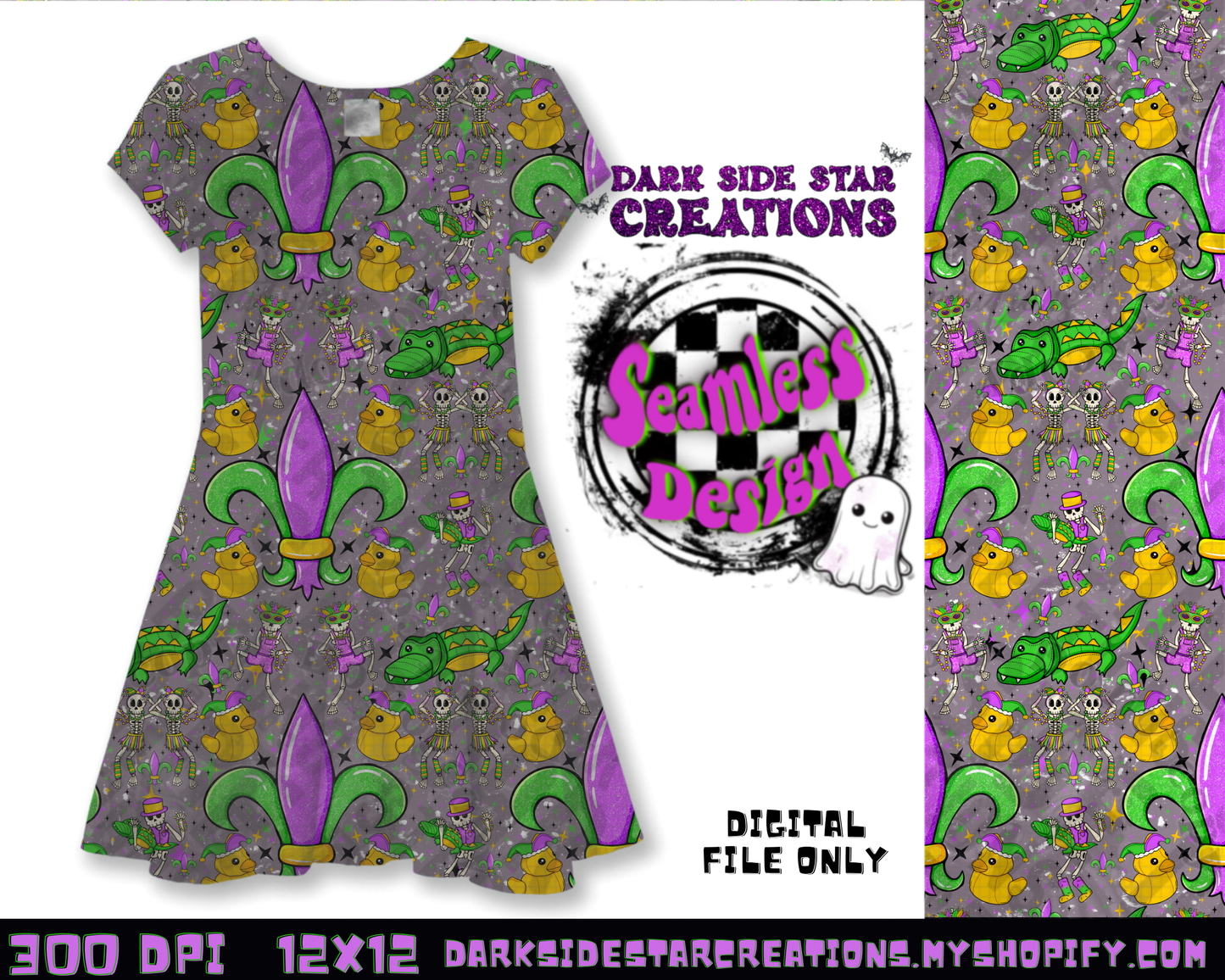 Skellie Mardi Gras Grunge Seamless Design PNG | 300 DPI | 12X12 | Seamless | PNG | Digital Files Only (1)