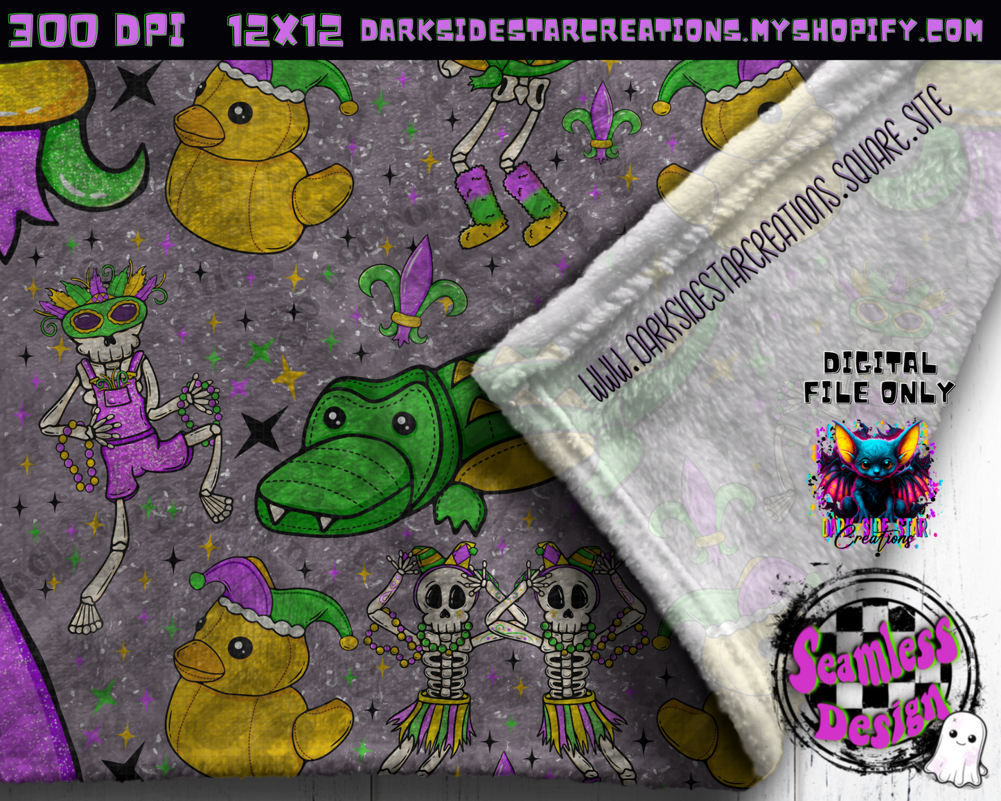 Skellie Mardi Gras Grunge Seamless Design PNG | 300 DPI | 12X12 | Seamless | PNG | Digital Files Only (1)