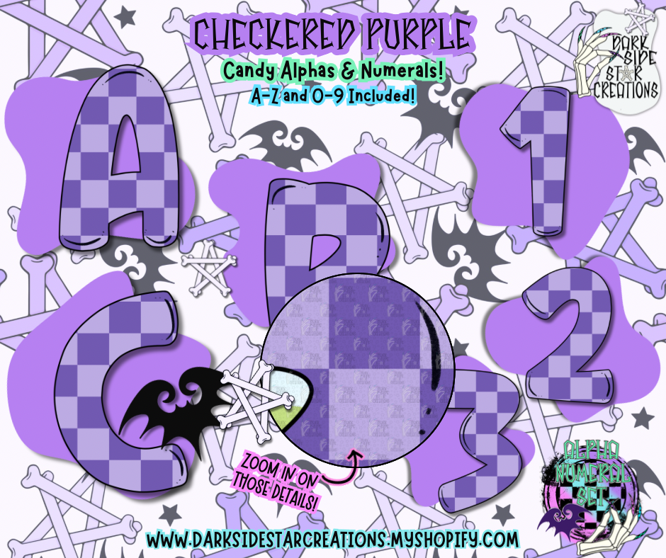 Checkered Purple Candy Alpha/Numeral Set | 300 DPI | Transparent PNG | Alpha Numeral Set| A-Z Included | Uppercase | 0-9 Included | (36 Included)