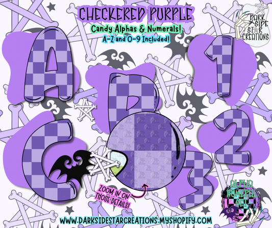 Checkered Purple Candy Alpha/Numeral Set | 300 DPI | Transparent PNG | Alpha Numeral Set| A-Z Included | Uppercase | 0-9 Included | (36 Included)