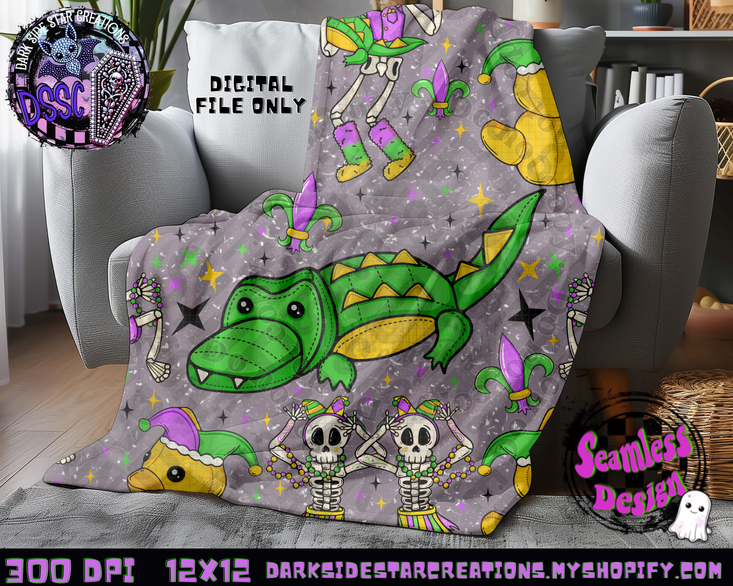 Skellie Mardi Gras Grunge Seamless Design PNG | 300 DPI | 12X12 | Seamless | PNG | Digital Files Only (1)