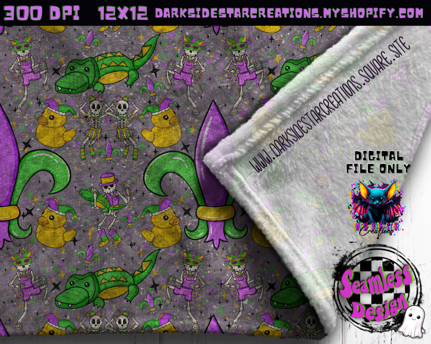 Skellie Mardi Gras Grunge Seamless Design PNG | 300 DPI | 12X12 | Seamless | PNG | Digital Files Only (1)