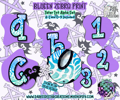 Blueen Zebra Print Tatertot Alpha/Numeral Set | 300 DPI | Transparent PNG | Alpha Numeral Set| A-Z Included | Lowercase | 0-9 Included | (36 Included)