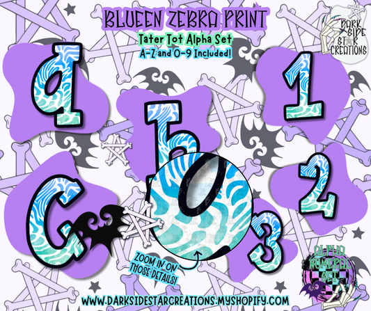 Blueen Zebra Print Tatertot Alpha/Numeral Set | 300 DPI | Transparent PNG | Alpha Numeral Set| A-Z Included | Lowercase | 0-9 Included | (36 Included)