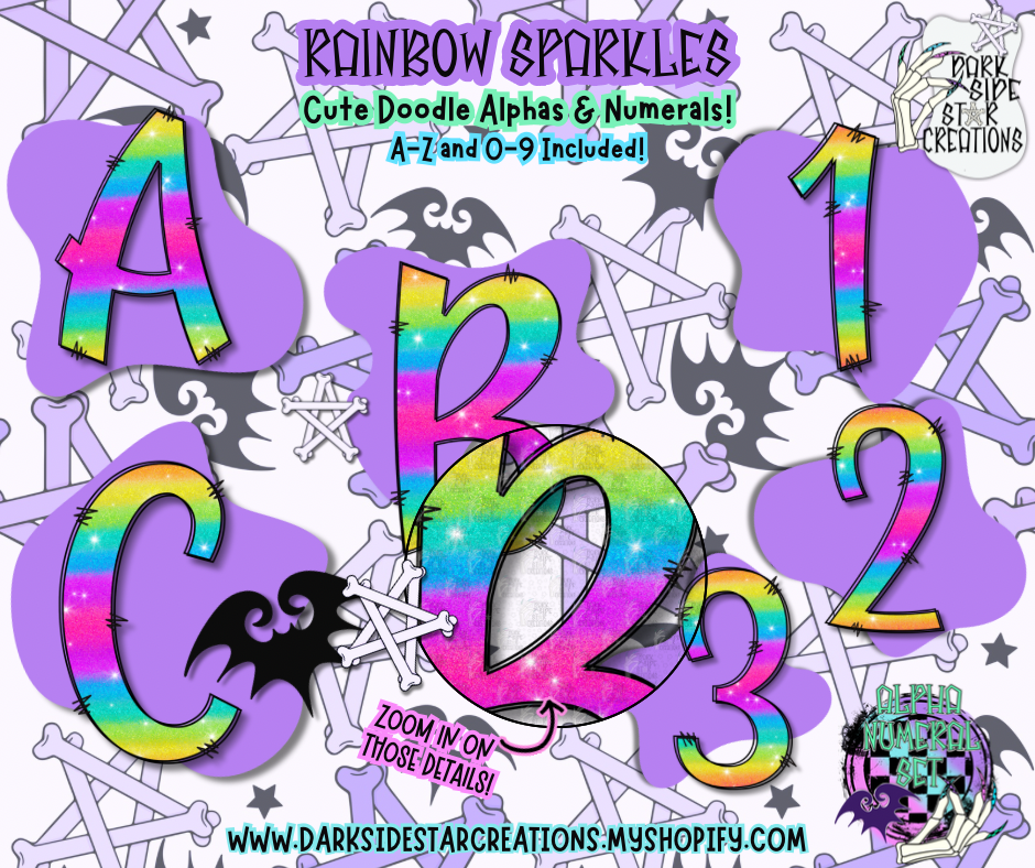 Rainbow Sparkles Cute Doodle Alpha Number set Alpha/Numeral Set | 300 DPI | Transparent PNG | Alpha Numeral Set| A-Z Included | Uppercase | 0-9 Included | (36 Included)