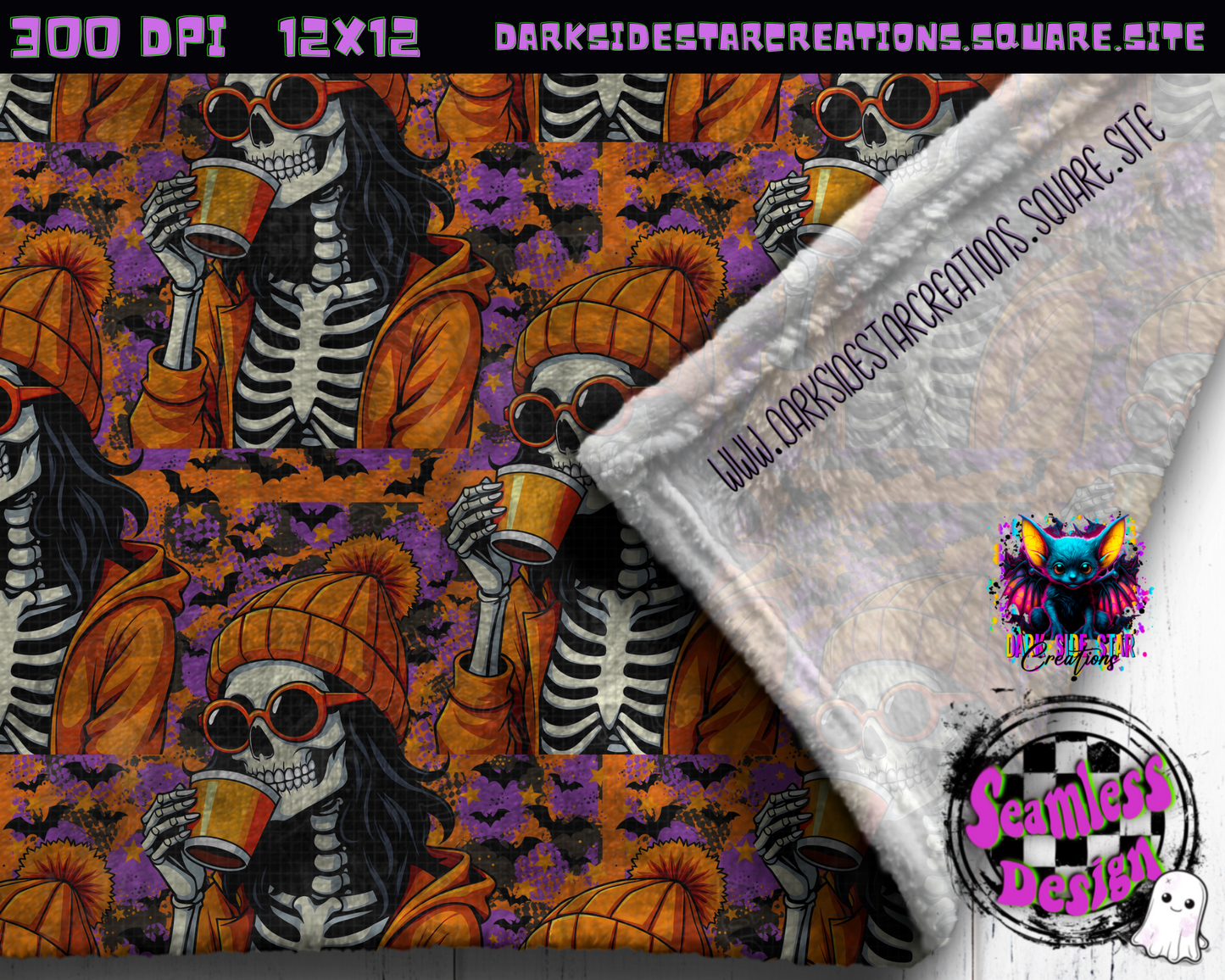 Fall Skellie Day Seamless Design PNG | 300 DPI | 12X12 | Seamless | PNG | Digital Files Only (1)