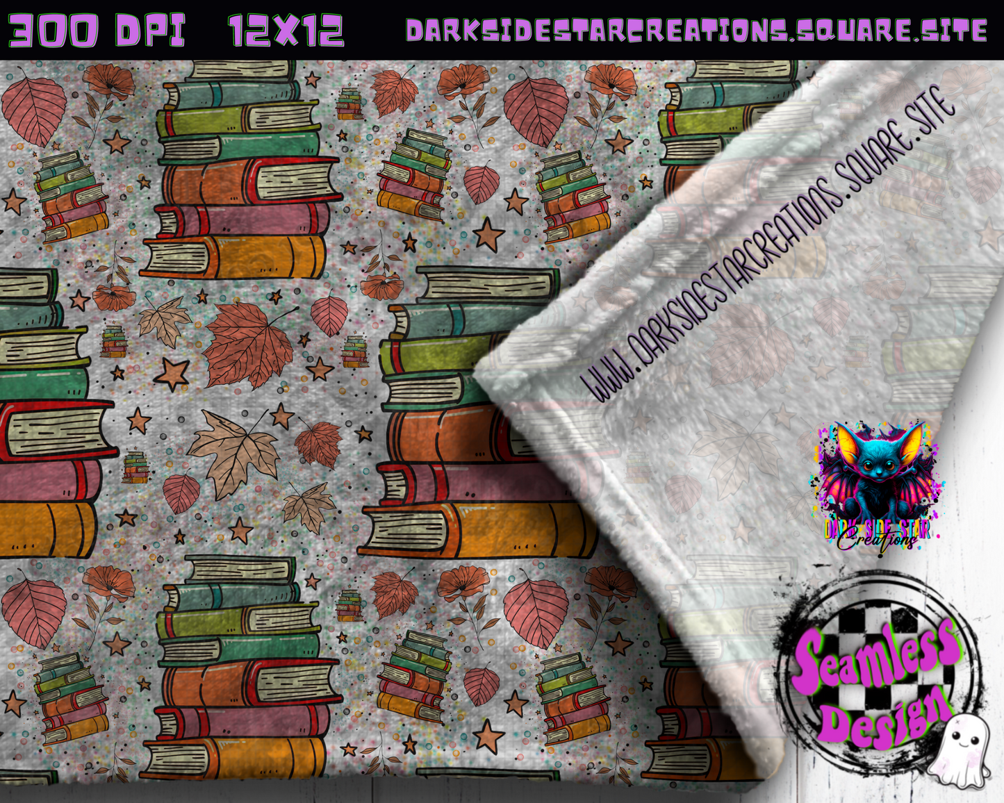 Books & Leaves Autumn Vibes Seamless Design PNG | 300 DPI | Seamless | 12X12 | PNG | Digital File Only (1)