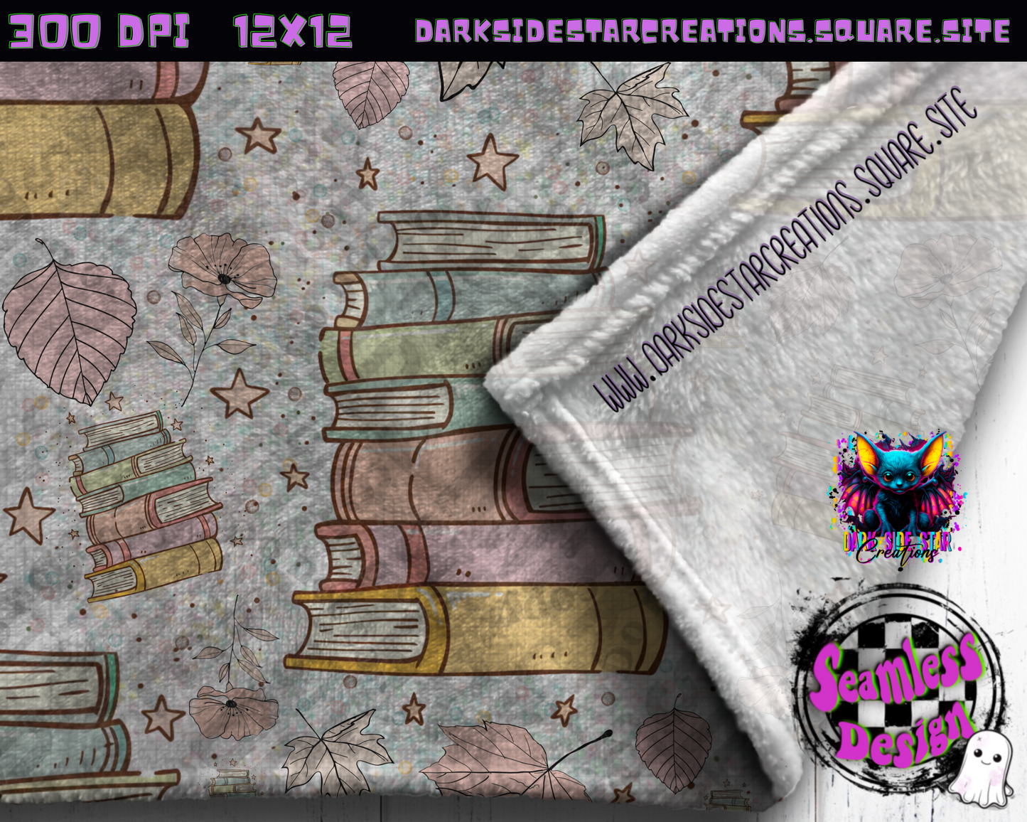 Books & Leaves Seamless Design PNG | 300 DPI | Seamless | 12X12 | PNG | Digital Files Only (3 Sizes included)