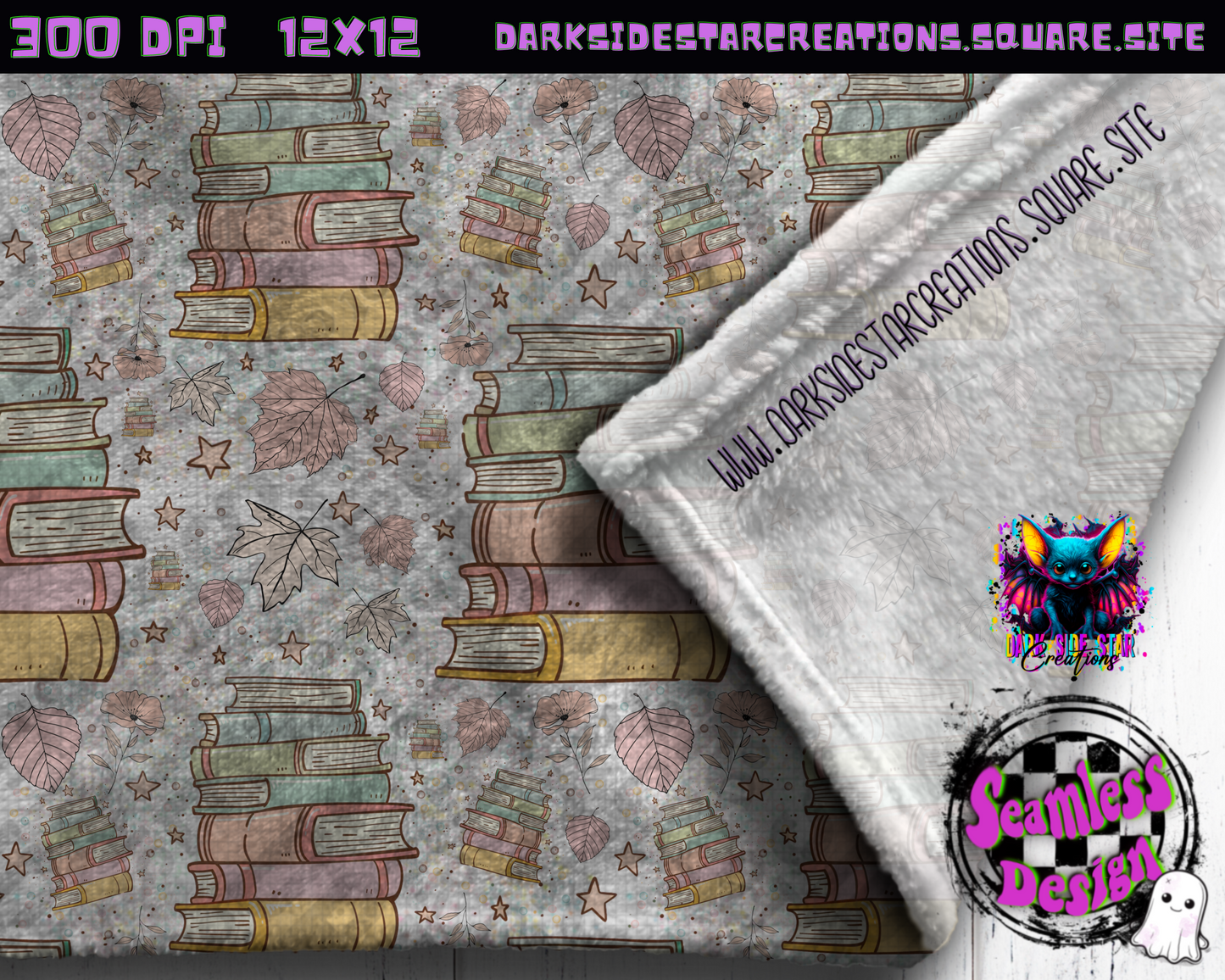 Books & Leaves Seamless Design PNG | 300 DPI | Seamless | 12X12 | PNG | Digital Files Only (3 Sizes included)