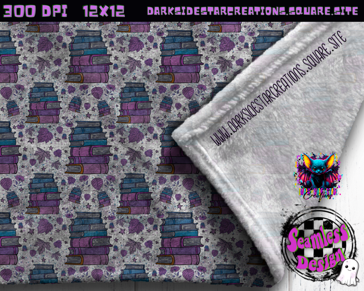 Purp Books & Leaves Seamless Design PNG | 300 DPI | Seamless | 12X12 | PNG | Digital File Only (1)