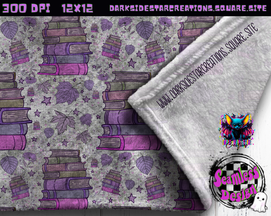 Purple Books & Leaves Seamless Design PNG | 300 DPI | Seamless | 12X12 | PNG | Digital File Only (1)