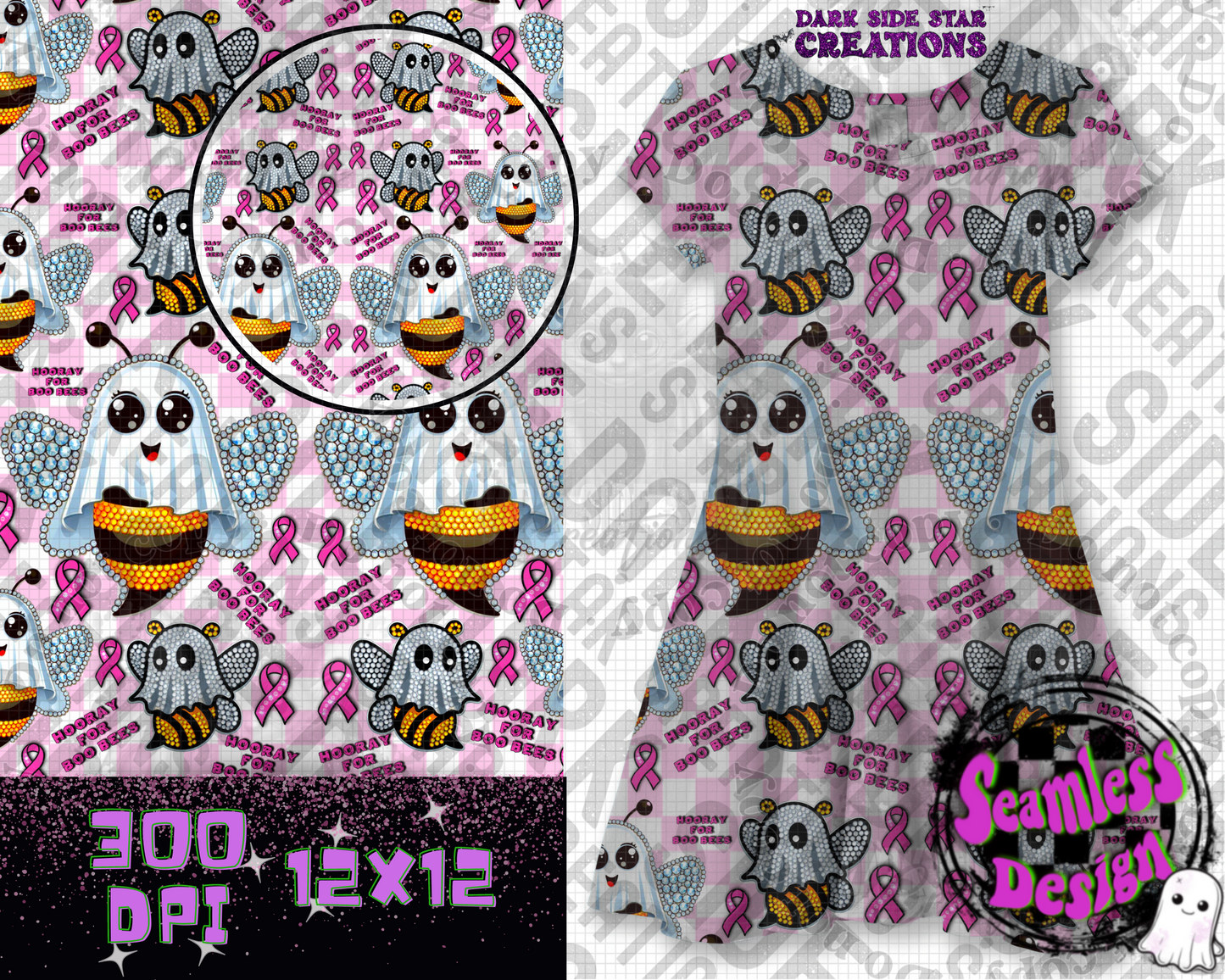 Hooray For Boo-Bees Seamless Design PNG | 300 DPI | 12X12 | Seamless | PNG | Digital Files Only (2 Sizes Included)