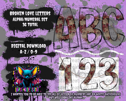 Broken Love Letters ALPHA/NUMERAL DIGITAL CREATION SET PNG SVG