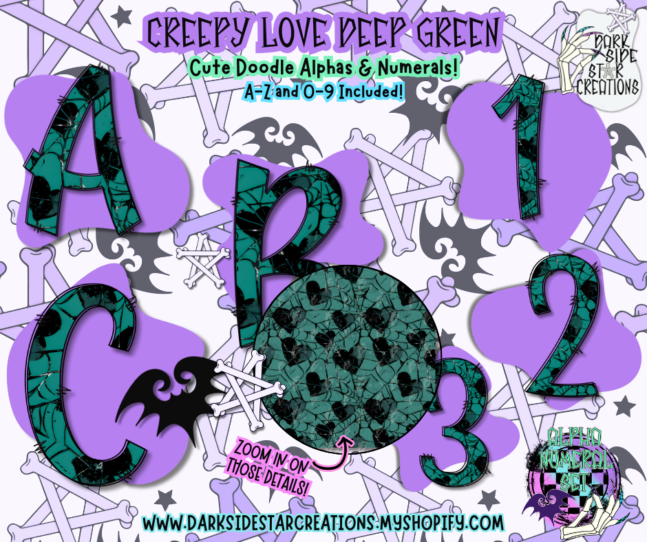 Creepy Love Cute Doodle Green Alpha/Numeral Set | 300 DPI | Transparent PNG | Alpha Numeral Set| A-Z Included | Uppercase | 0-9 Included | (36 Included)