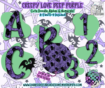 Creepy Love Cute Doodle Purple Alpha/Numeral Set | 300 DPI | Transparent PNG | Alpha Numeral Set| A-Z Included | Uppercase | 0-9 Included | (36 Included)