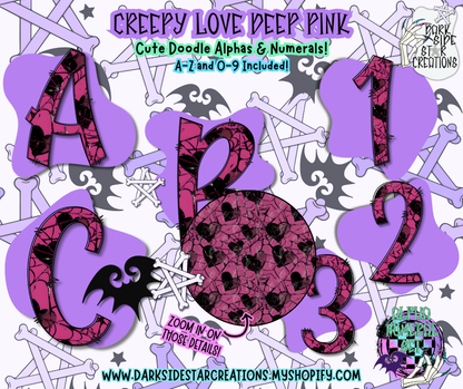 Creepy Love Cute Doodle Deep Pink Alpha/Numeral Set | 300 DPI | Transparent PNG | Alpha Numeral Set| A-Z Included | Uppercase | 0-9 Included | (36 Included)