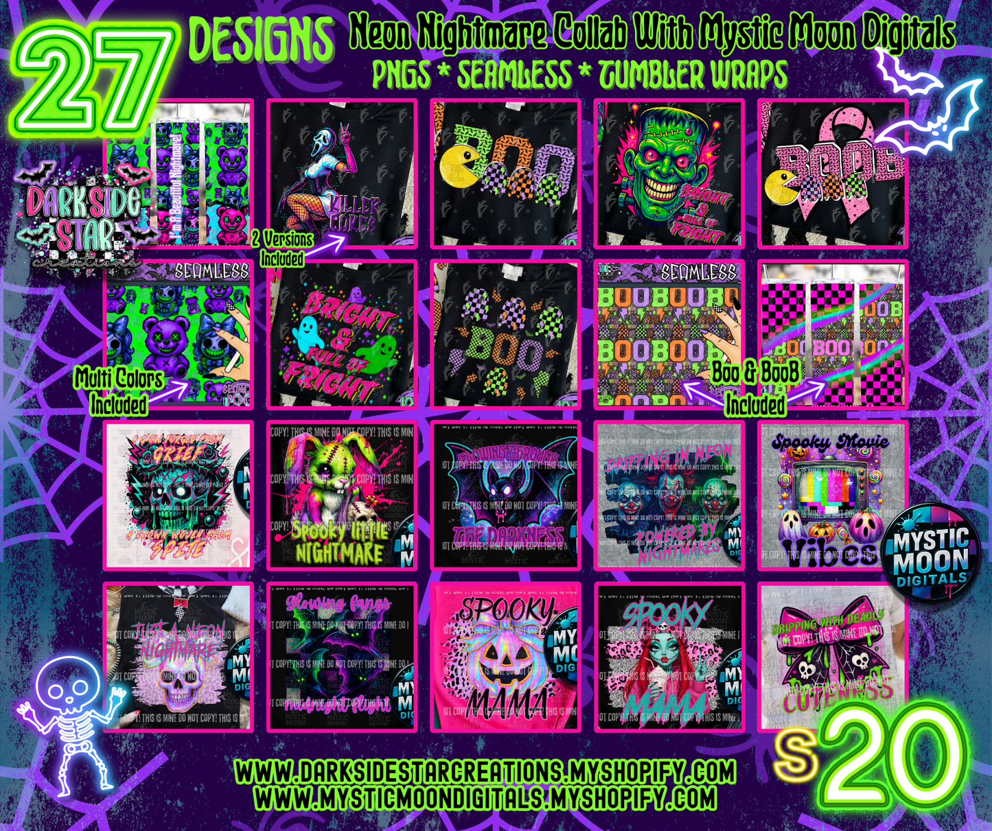 Neon Nightmares Collab With Mystic Moon Digitals | Collab | 300 DPI | PNG | Seamless | Tumbler Digital Files Only