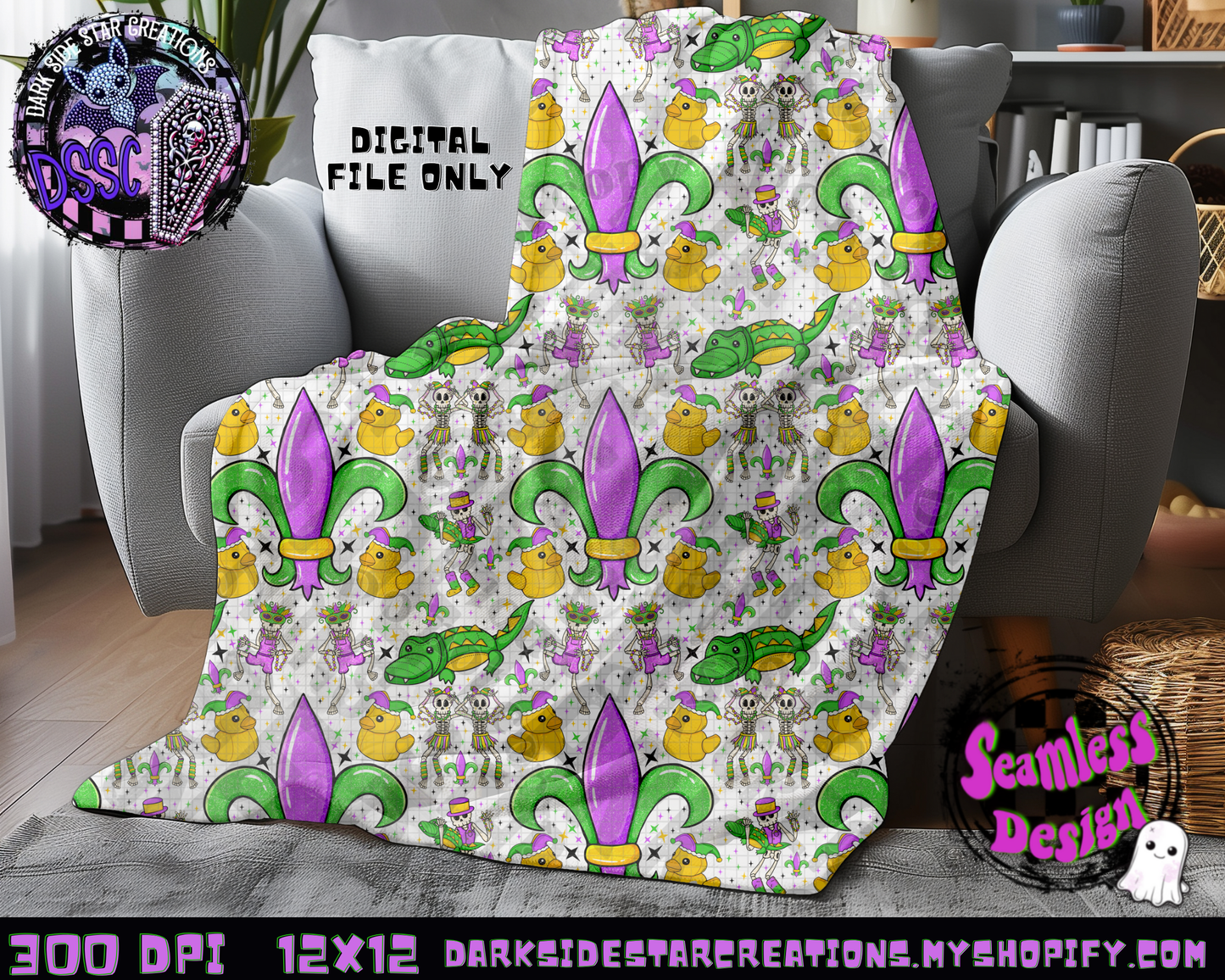 Skellie Mardi Gras Transparent Seamless Design PNG | 300 DPI | 12X12 | Seamless | PNG | Digital Files Only (1)