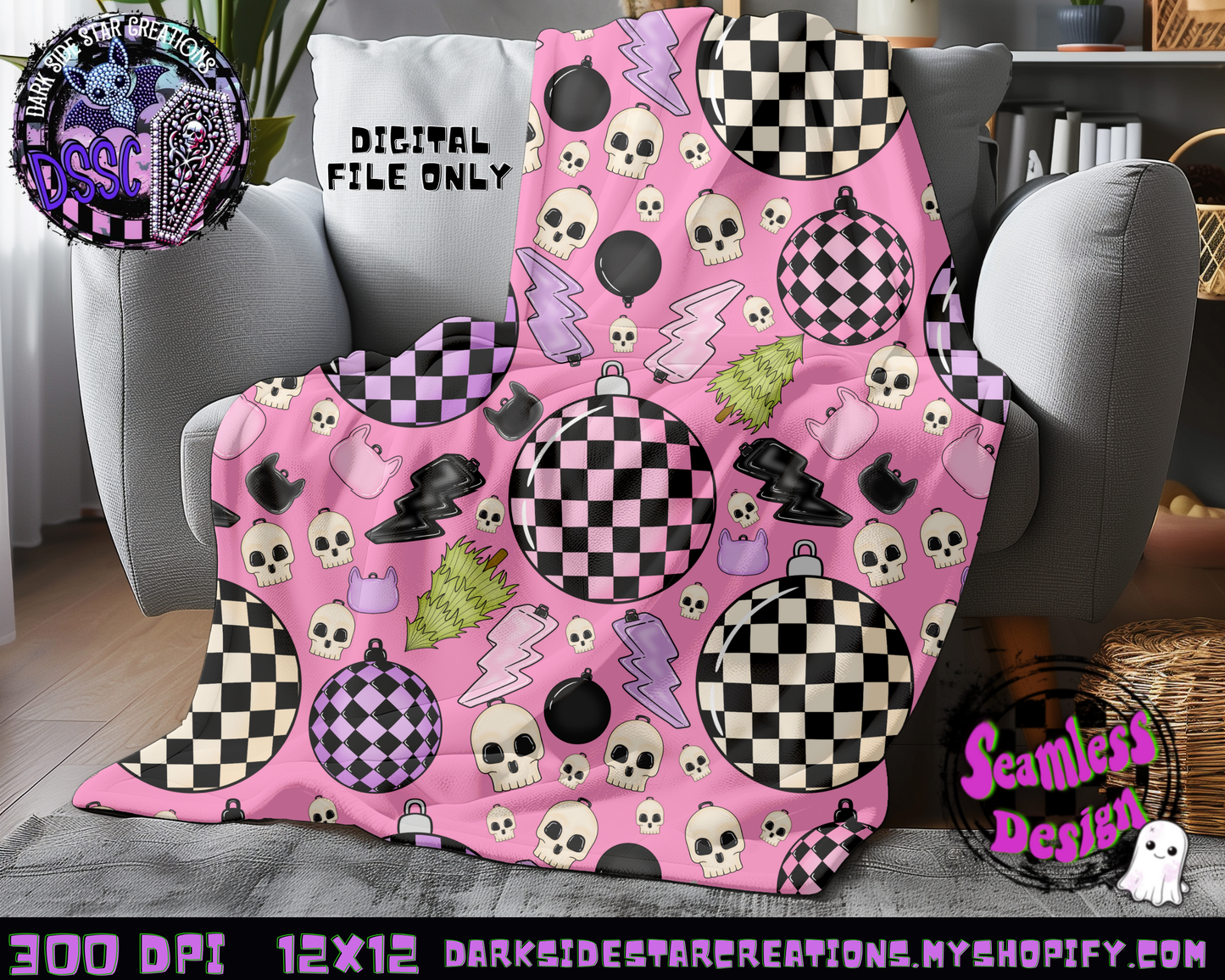 Emo Christmas Seamless Bubblegum Pink Designs PNG | 300 DPI | 12X12 | Seamless | PNG | Digital Files Only ( 3 Sizes Included)