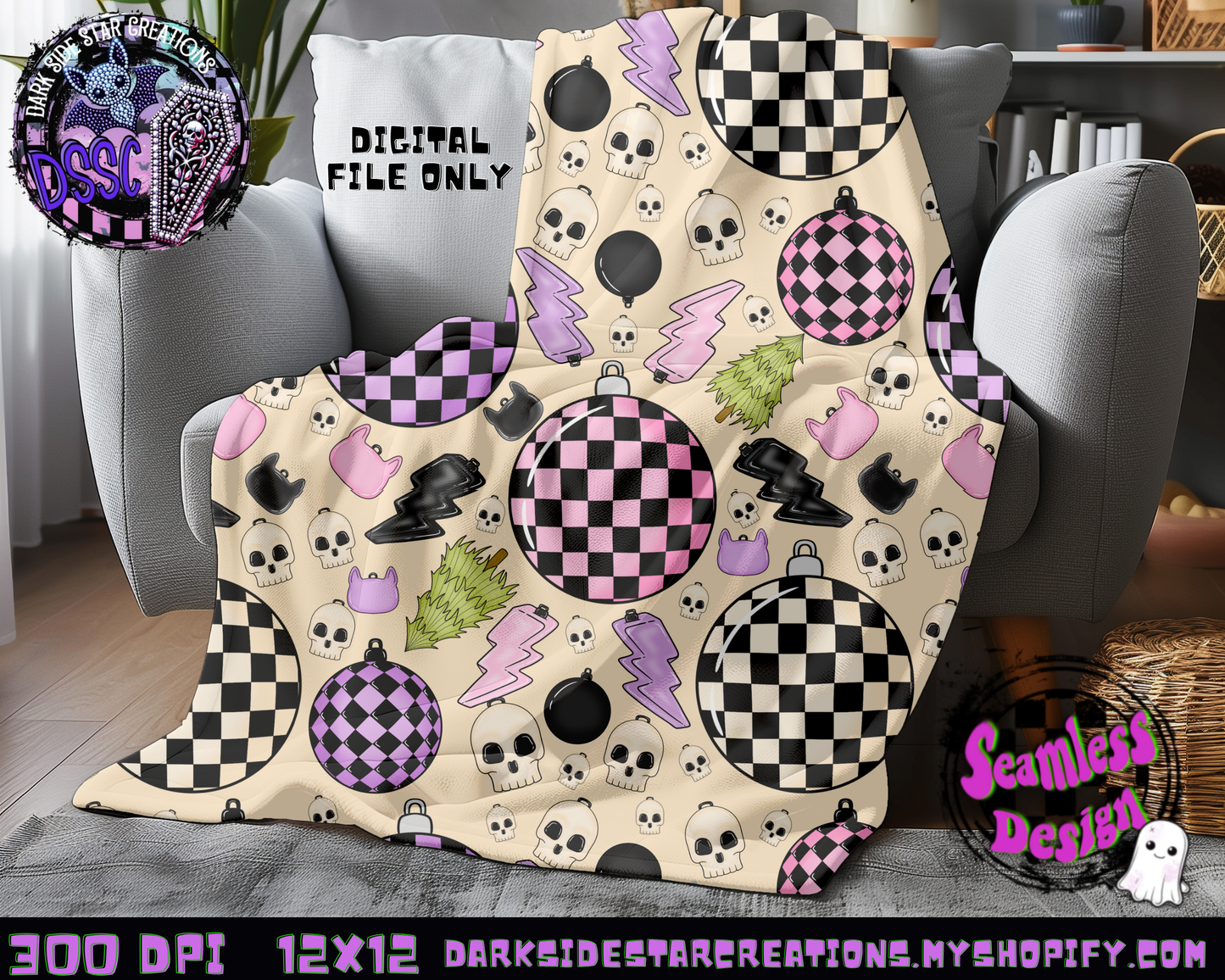 Emo Christmas Seamless Cream Designs PNG | 300 DPI | 12X12 | Seamless | PNG | Digital Files Only ( 3 Sizes Included)