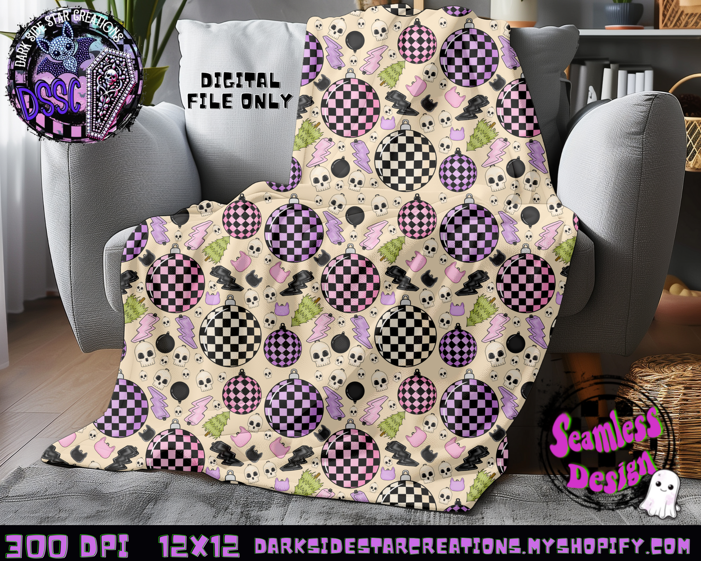 Emo Christmas Seamless Cream Designs PNG | 300 DPI | 12X12 | Seamless | PNG | Digital Files Only ( 3 Sizes Included)
