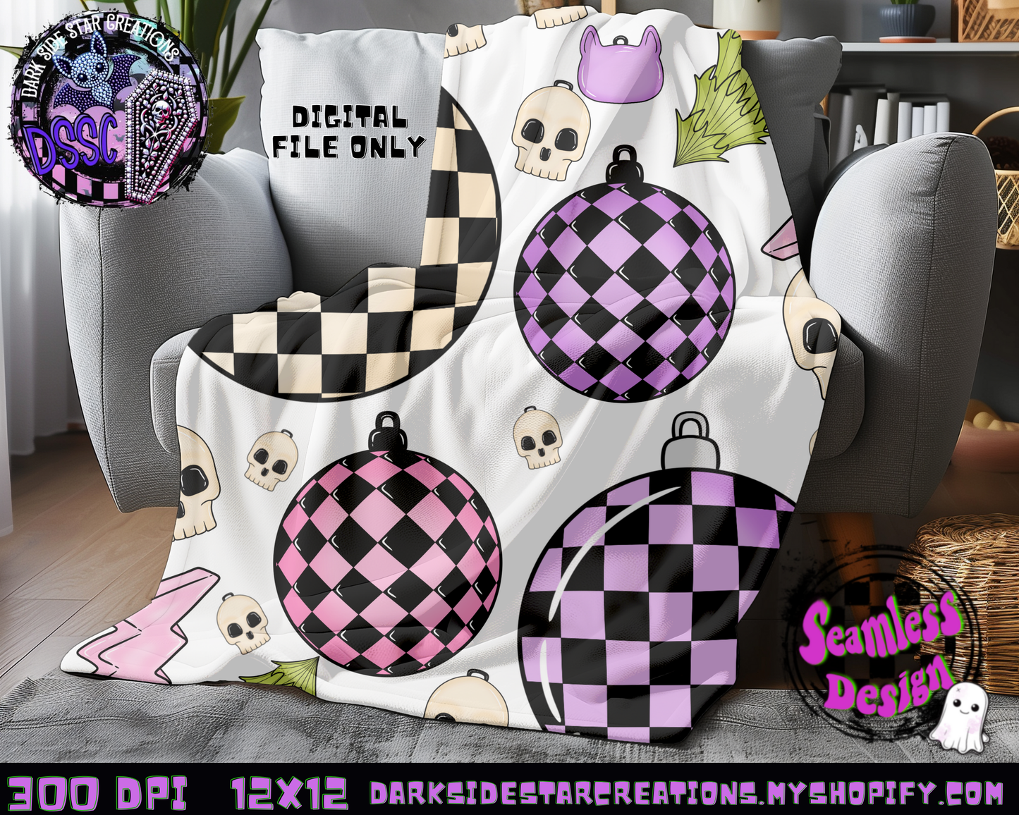 Emo Christmas Seamless White Designs PNG | 300 DPI | 12X12 | Seamless | PNG | Digital Files Only ( 3 Sizes Included)