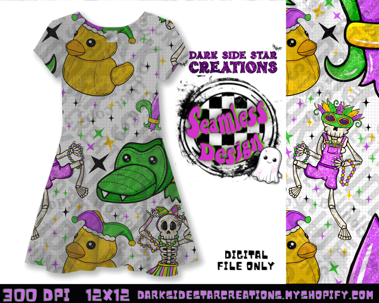 Skellie Mardi Gras Transparent Seamless Design PNG | 300 DPI | 12X12 | Seamless | PNG | Digital Files Only (1)