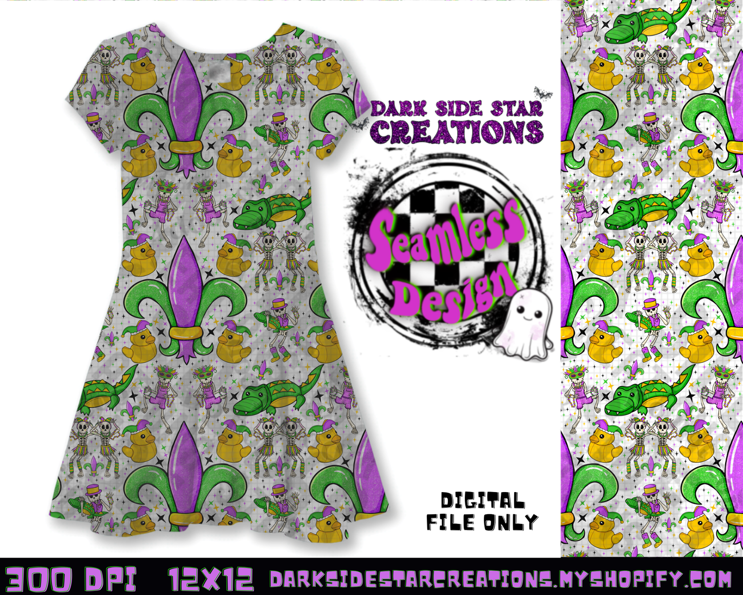 Skellie Mardi Gras Transparent Seamless Design PNG | 300 DPI | 12X12 | Seamless | PNG | Digital Files Only (1)