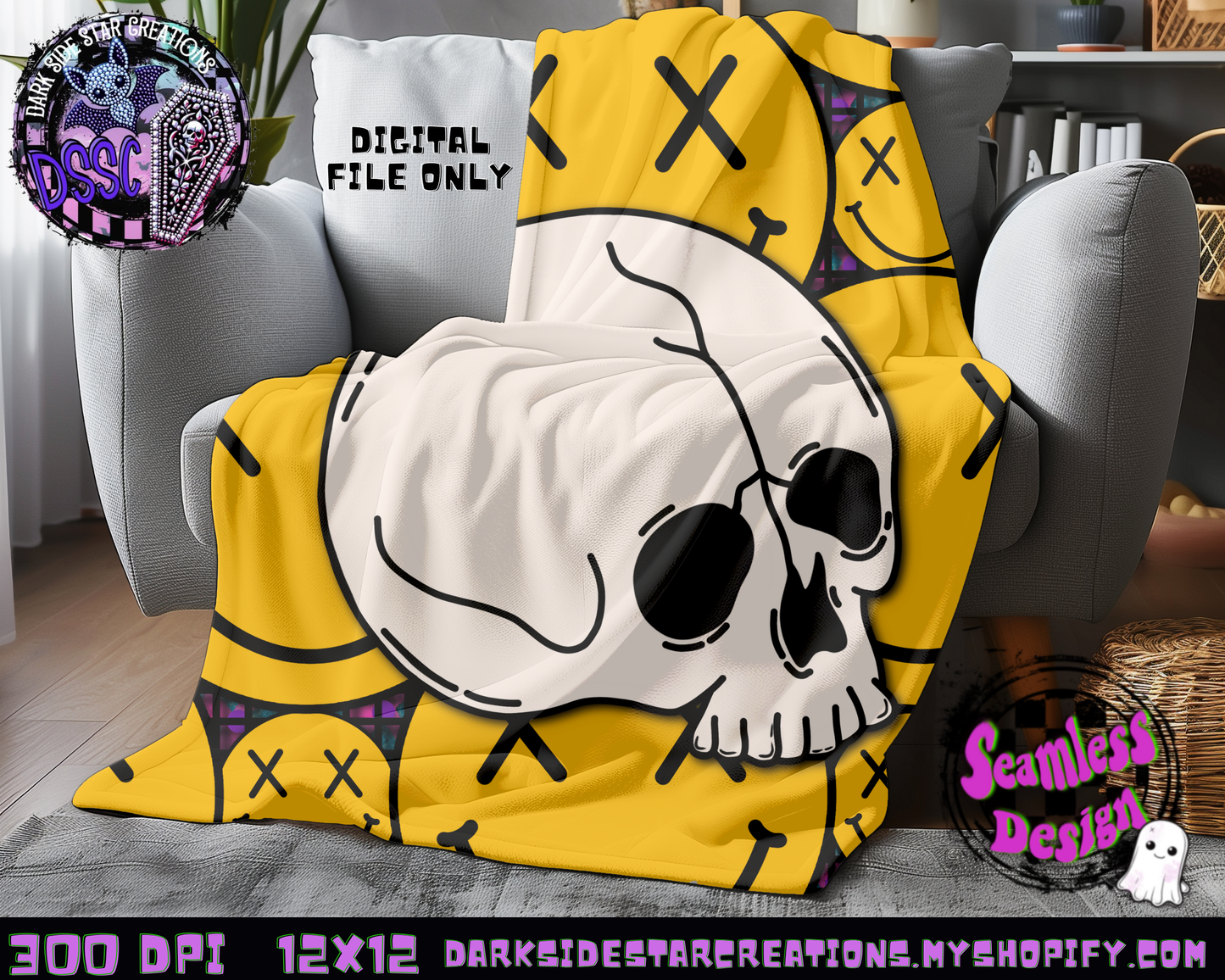 Happy Skull Seamless Design PNG | 300 DPI | 12X12 | Seamless | PNG | Digital Files Only (3 Sizes Included)