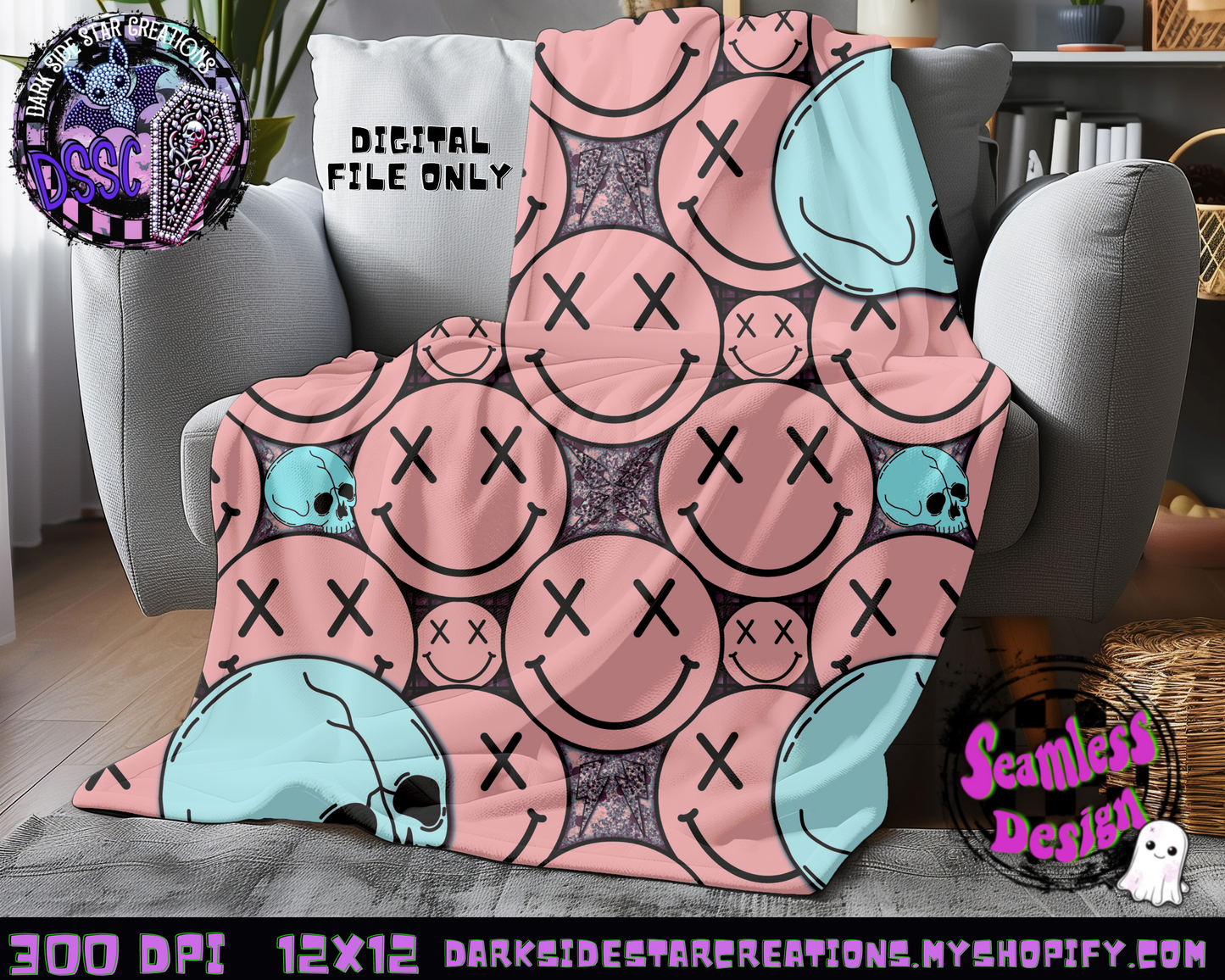 Happy Skull Seamless Design Peach Ice PNG | 300 DPI | 12X12 | Seamless | PNG | Digital Files Only (3 Sizes Included)