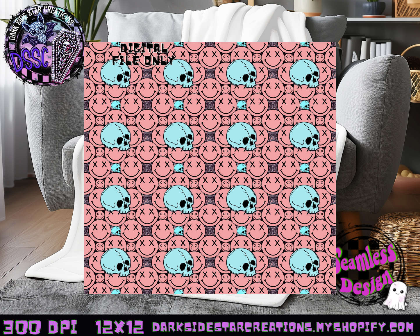 Happy Skull Seamless Design Peach Ice PNG | 300 DPI | 12X12 | Seamless | PNG | Digital Files Only (3 Sizes Included)