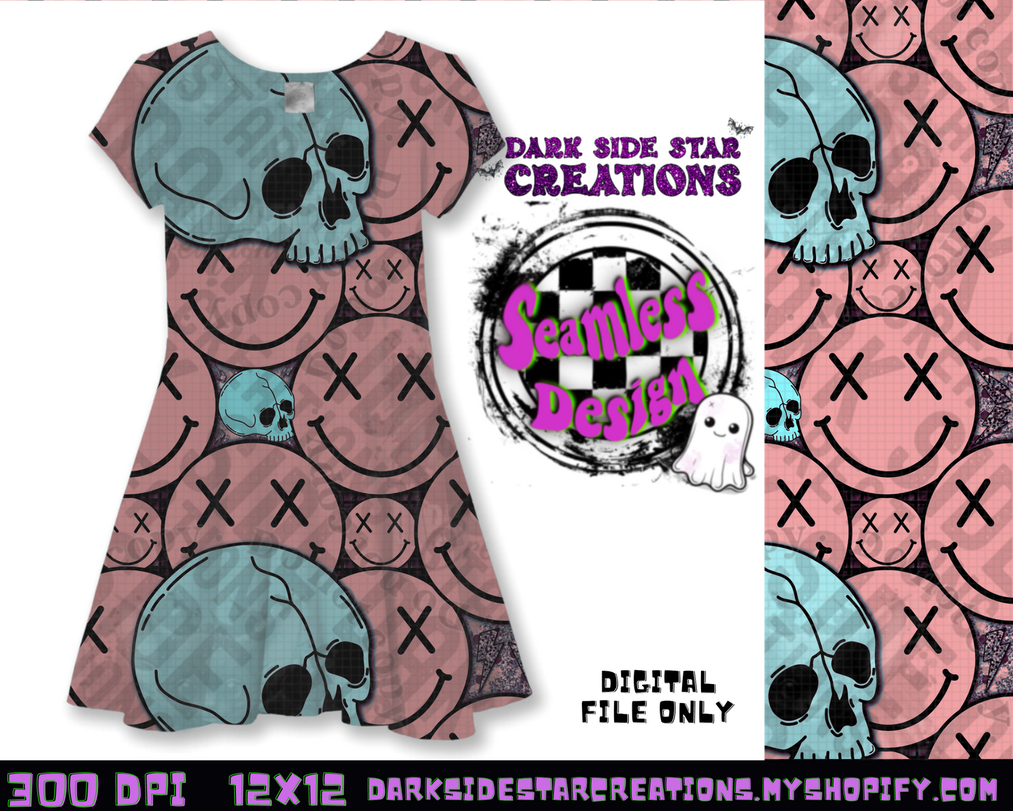 Happy Skull Seamless Design Peach Ice PNG | 300 DPI | 12X12 | Seamless | PNG | Digital Files Only (3 Sizes Included)