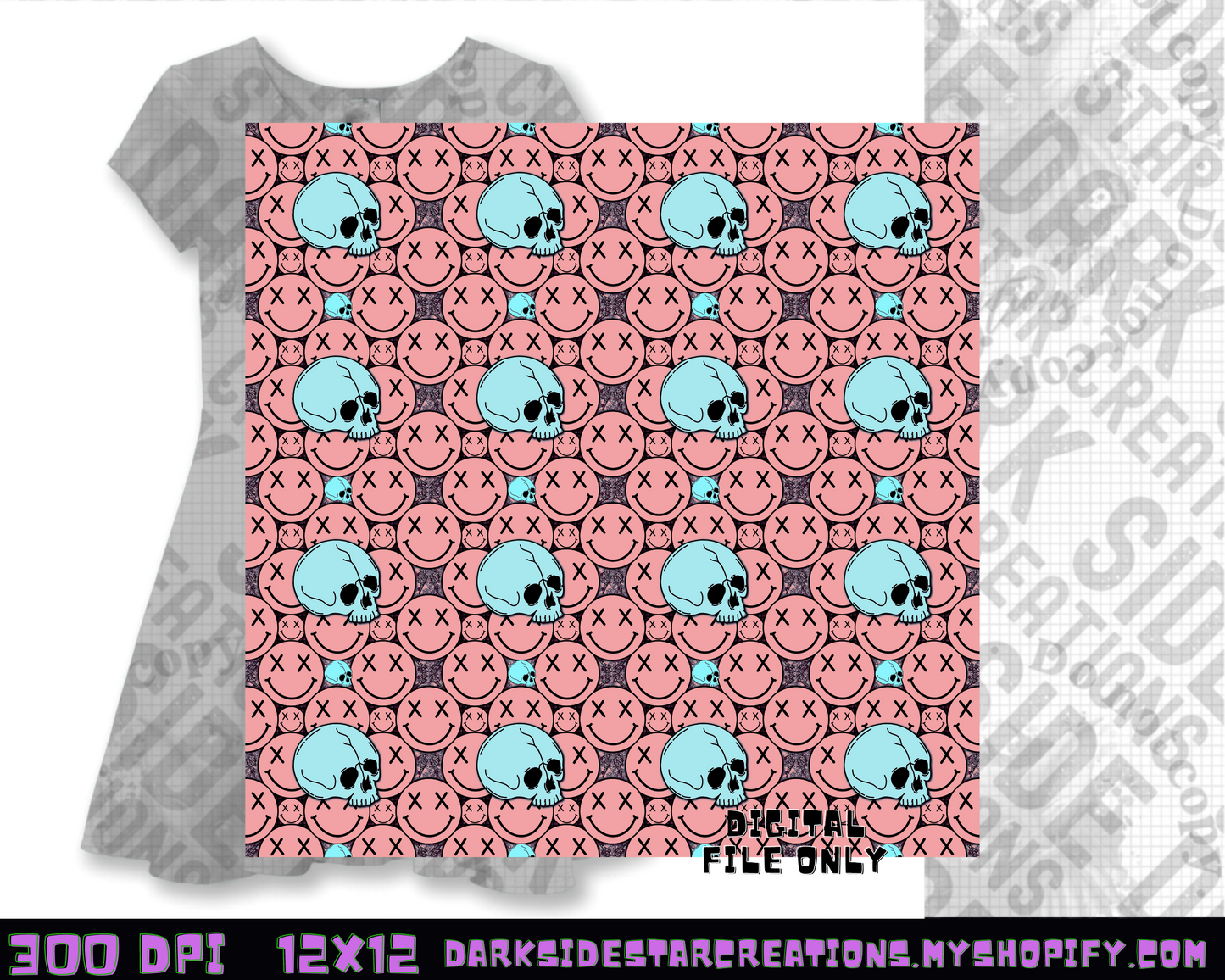 Happy Skull Seamless Design Peach Ice PNG | 300 DPI | 12X12 | Seamless | PNG | Digital Files Only (3 Sizes Included)