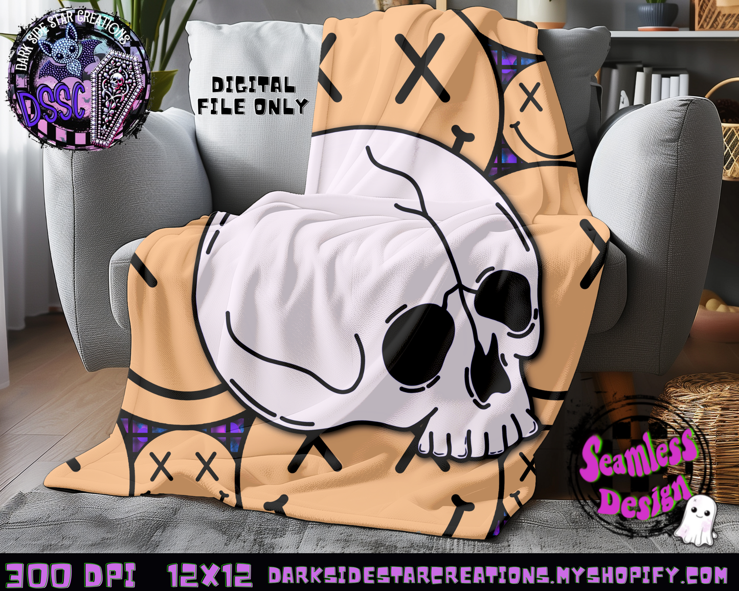 Happy Skull Seamless Design Peachy PNG | 300 DPI | 12X12 | Seamless | PNG | Digital Files Only (3 Sizes Included)