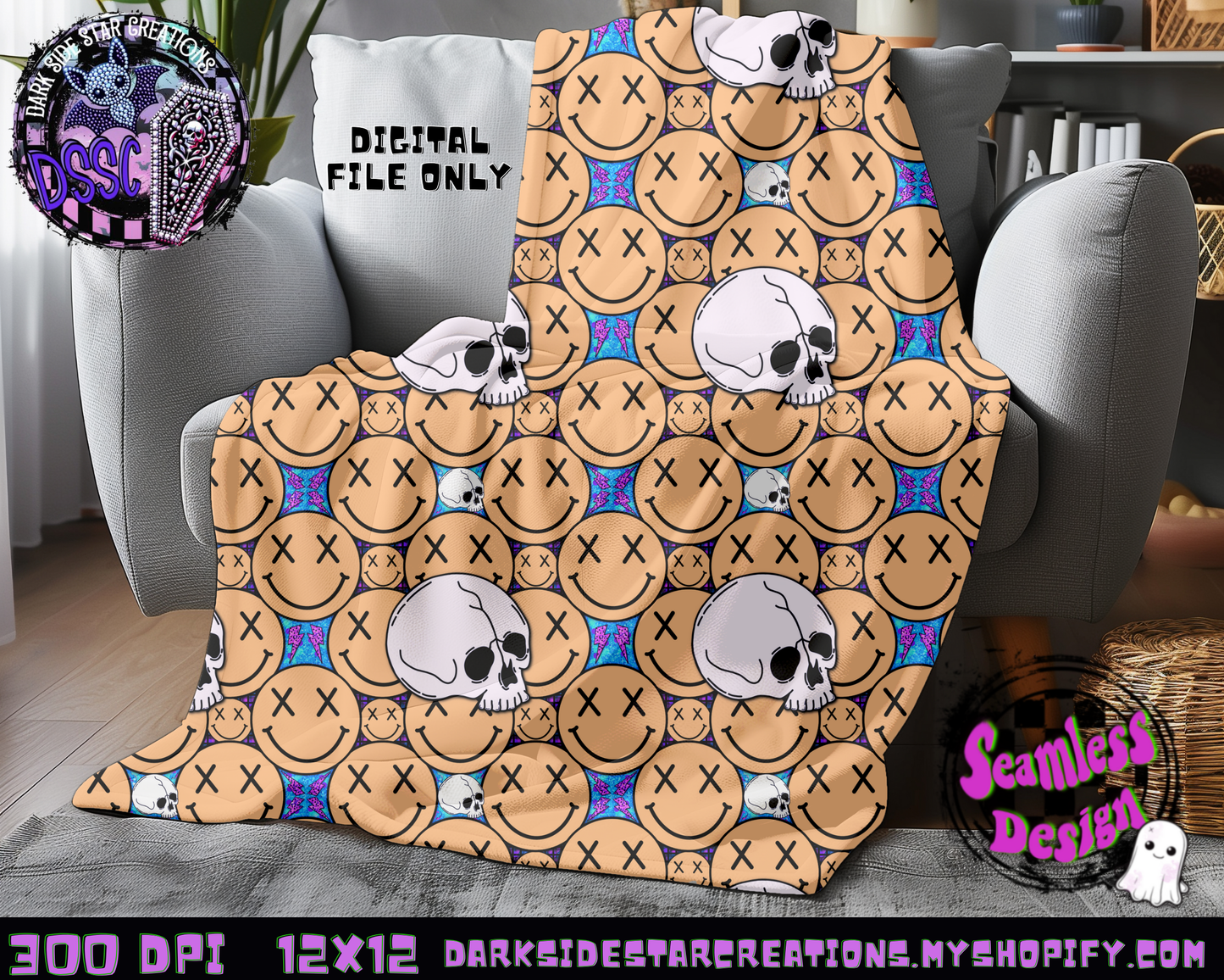 Happy Skull Seamless Design Peachy PNG | 300 DPI | 12X12 | Seamless | PNG | Digital Files Only (3 Sizes Included)