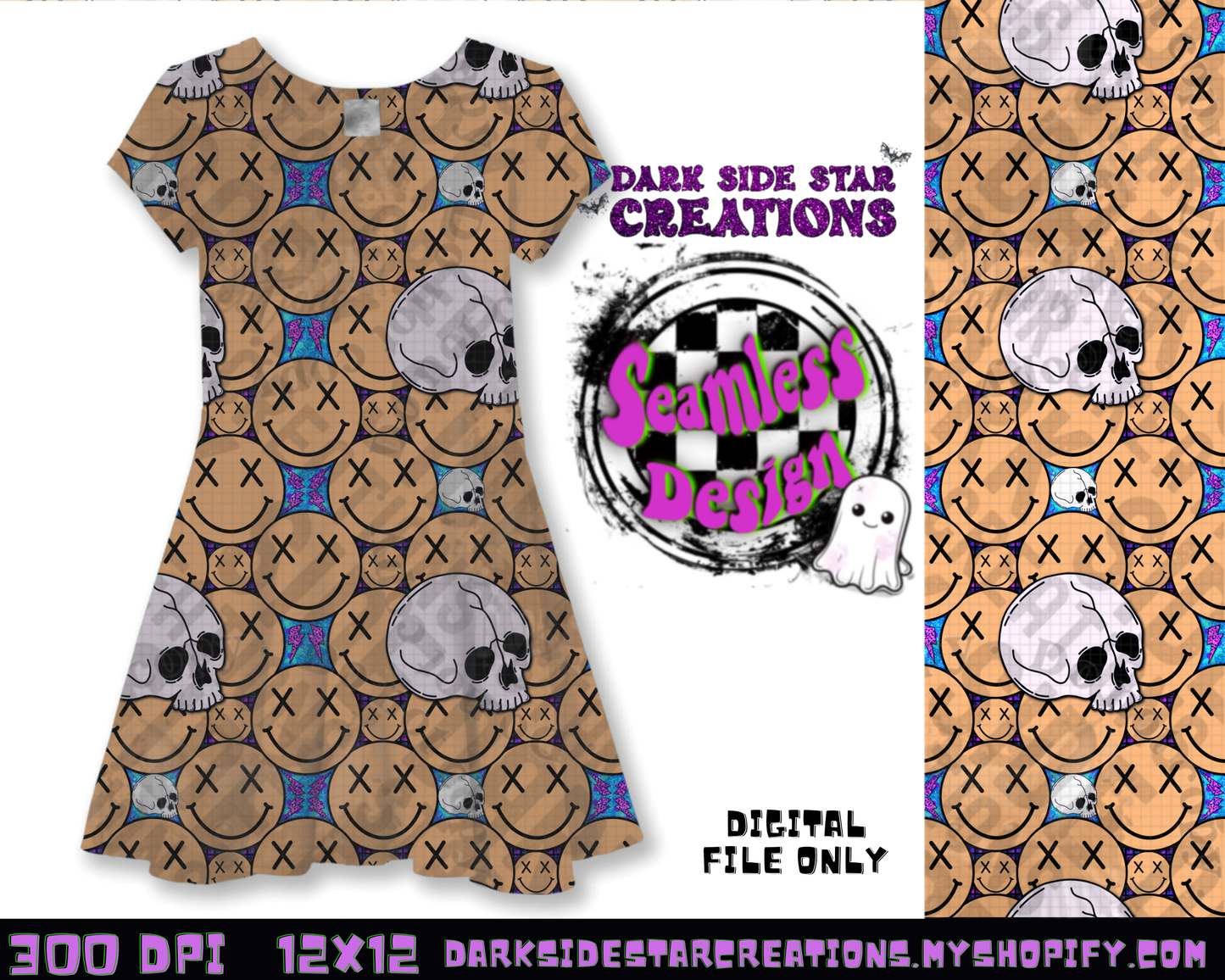 Happy Skull Seamless Design Peachy PNG | 300 DPI | 12X12 | Seamless | PNG | Digital Files Only (3 Sizes Included)