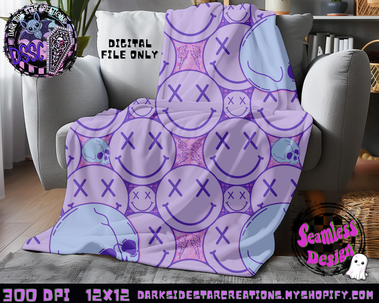 Happy Skull Seamless Design Pink Ice PNG | 300 DPI | 12X12 | Seamless | PNG | Digital Files Only (3 Sizes Included)
