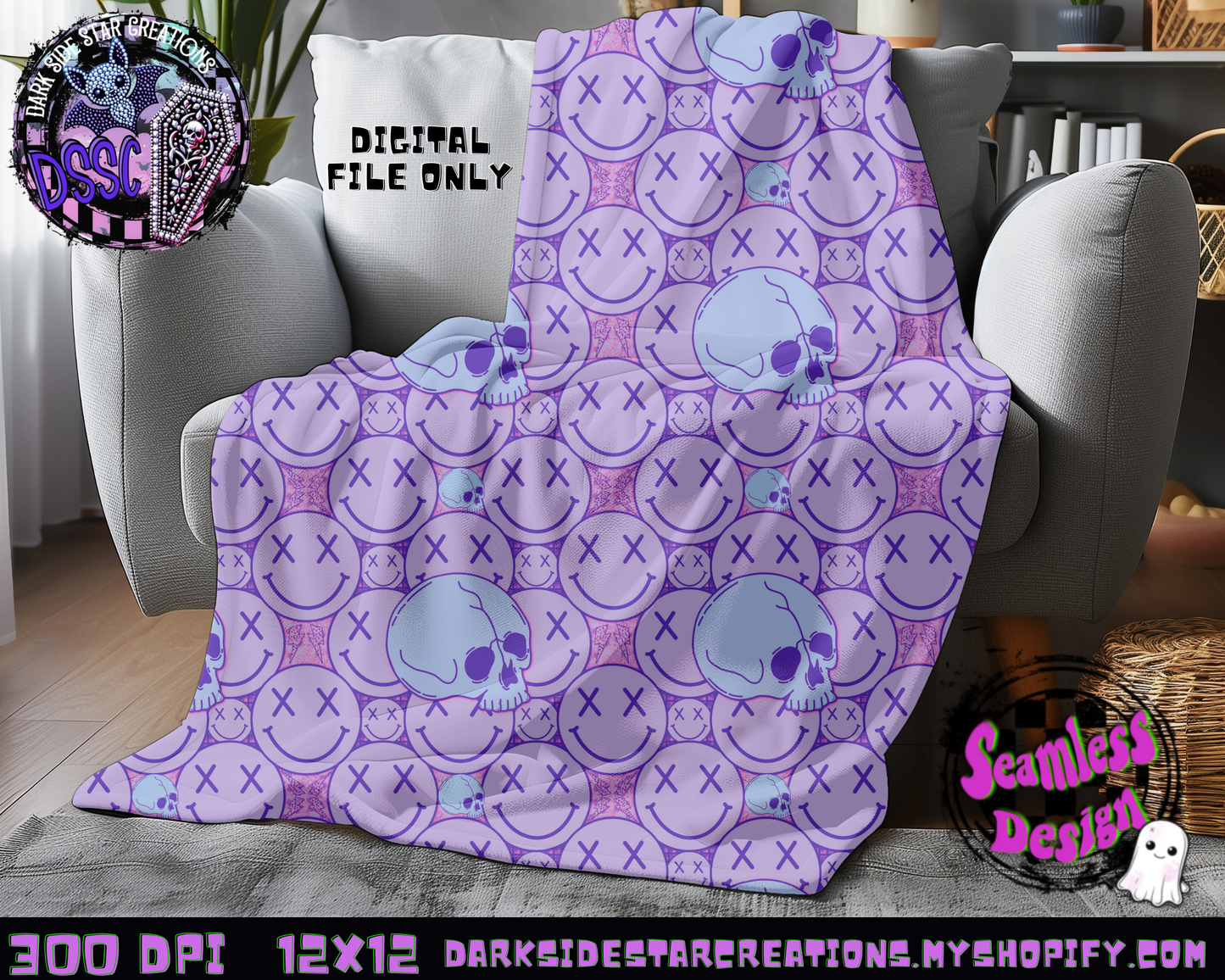 Happy Skull Seamless Design Pink Ice PNG | 300 DPI | 12X12 | Seamless | PNG | Digital Files Only (3 Sizes Included)