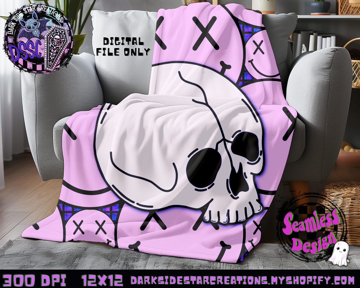 Happy Skull Seamless Design Purpy Pink PNG | 300 DPI | 12X12 | Seamless | PNG | Digital Files Only (3 Sizes Included)