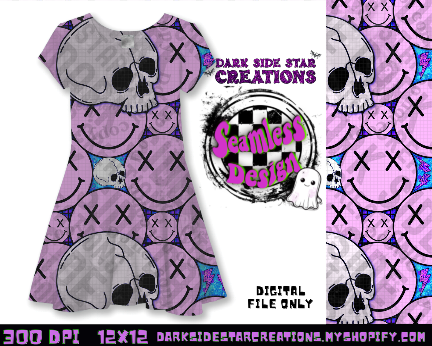 Happy Skull Seamless Design Purpy Pink PNG | 300 DPI | 12X12 | Seamless | PNG | Digital Files Only (3 Sizes Included)