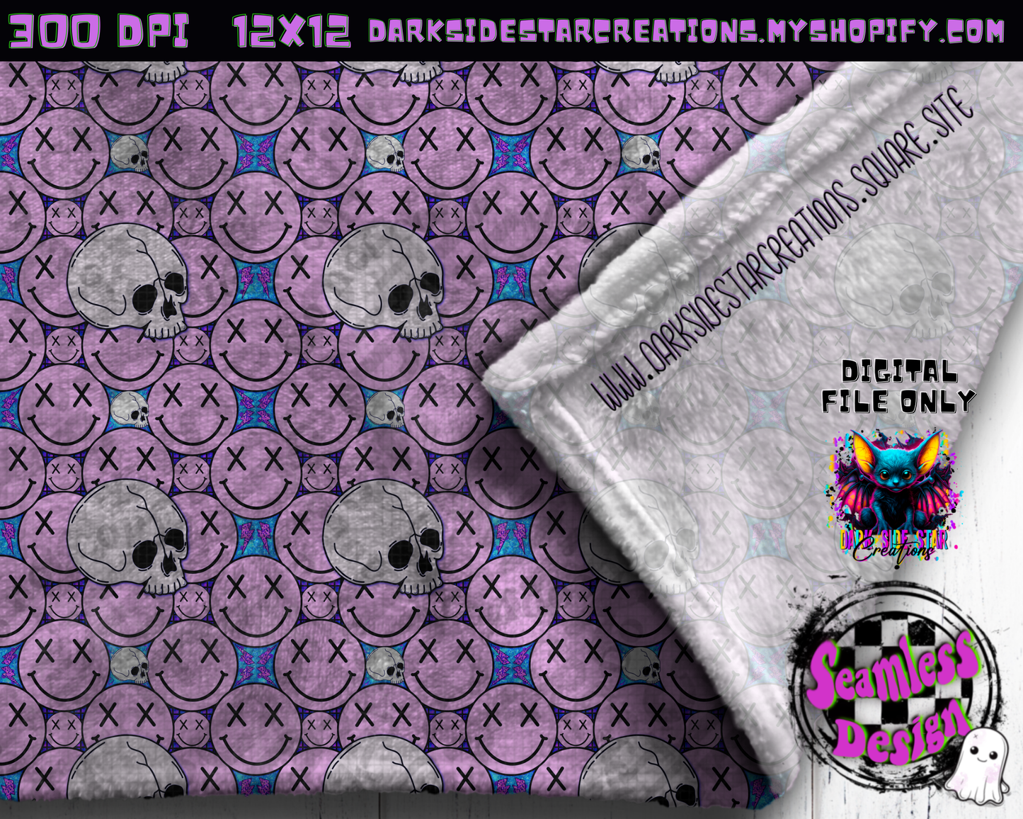 Happy Skull Seamless Design Purpy Pink PNG | 300 DPI | 12X12 | Seamless | PNG | Digital Files Only (3 Sizes Included)