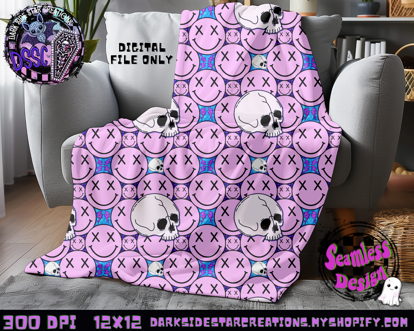 Happy Skull Seamless Design Purpy Pink PNG | 300 DPI | 12X12 | Seamless | PNG | Digital Files Only (3 Sizes Included)